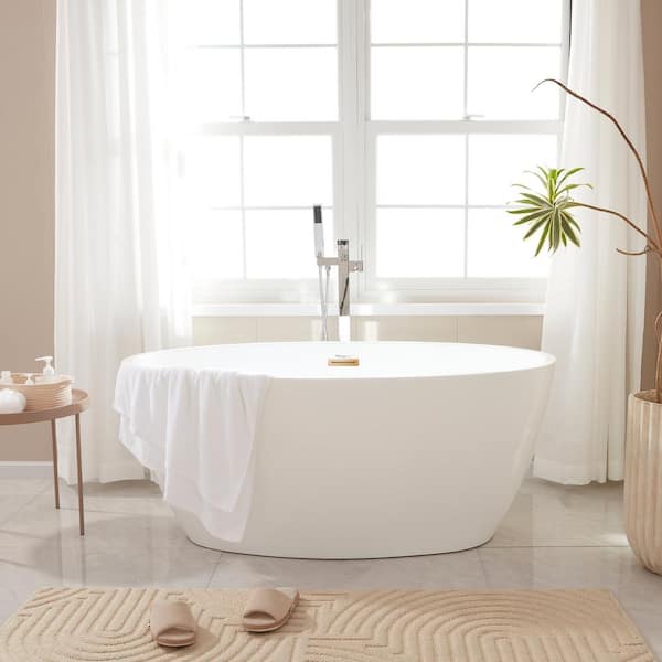 Calais 55 in. L x 32 in. W Acrylic Flatbottom Freestanding Bathtub with Center Drain in White/Titanium Gold