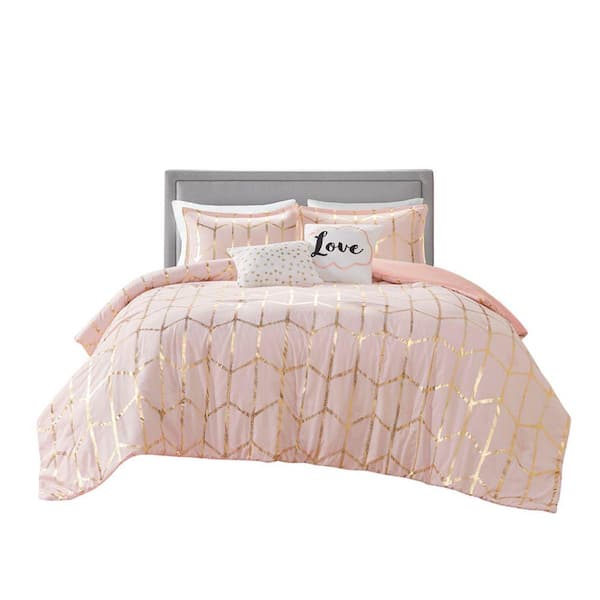 Afoxsos Blush Metallic Printed Polyester Super Soft Microfiber Fabric Geometric Design Embroidered Pillow King Comforter Set