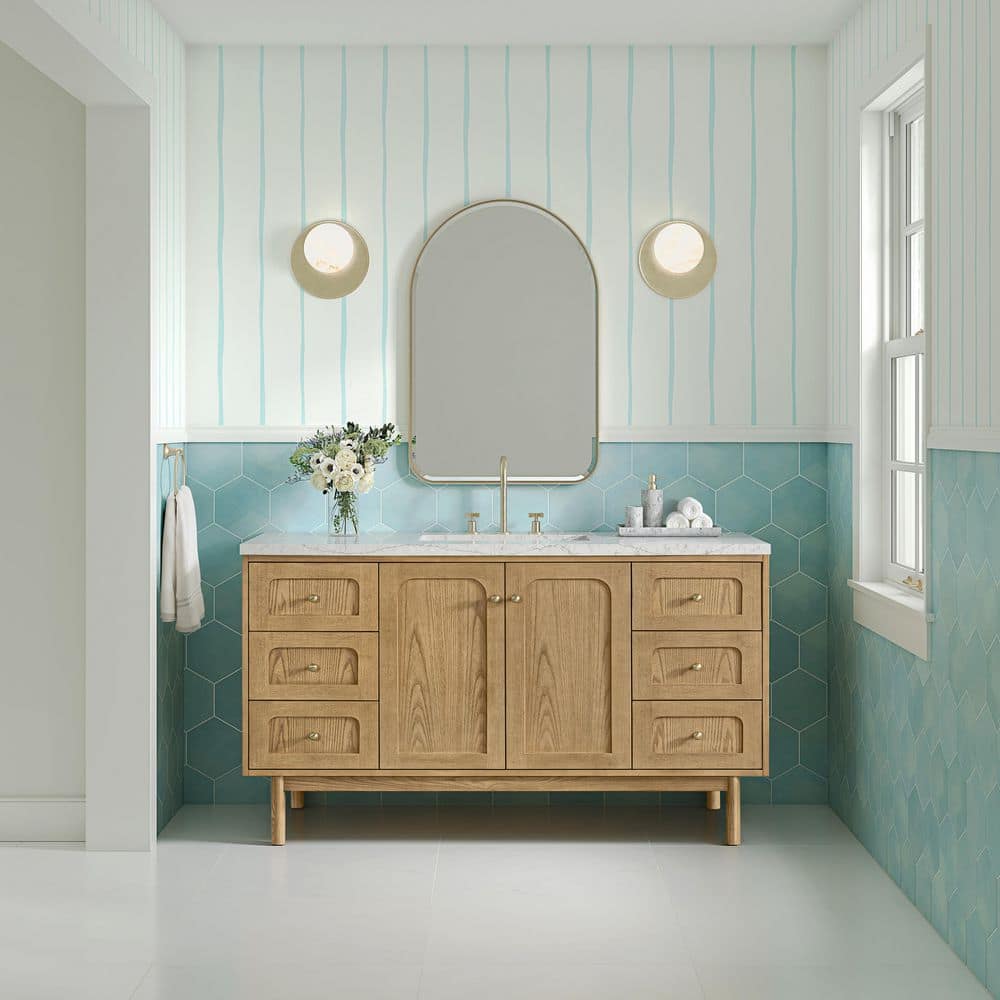 Laurent 60.0 in. W x 23.5 in. D x 34.13 in. H Single Bath Vanity in Light Natural Oak with Quartz Jasmine Pearl Top price history on PriceWatchPro