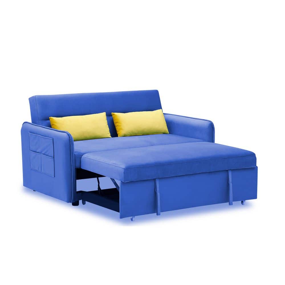 Angel Sar 54.30 in. Width Blue Altay Velvet Twin Size Sofa Bed