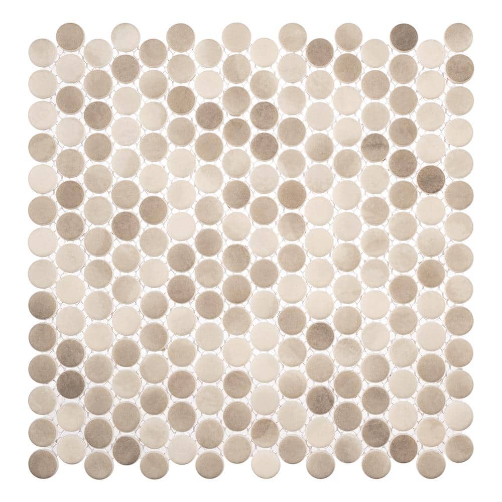 Pixie Nia Gray/Brown/Cream 12-1/8 in. x 12-1/8 in. Penny Round Smooth Glass