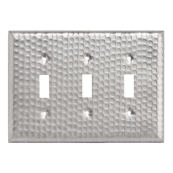 Monarch Abode Hand Hammered Decorative Wall Plate Switch Plate Outlet Cover , 3 Gang, Brushed Nickel