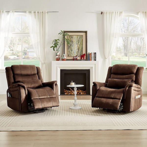Set of 2 37 in. W Brown Microsuede Power Lift Recliner Chair with 8-Point Massage, Heating, Storage Pockets