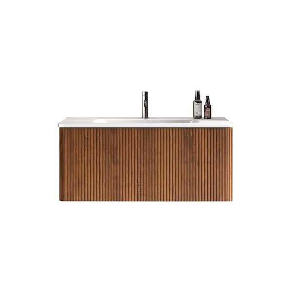 Unbranded ENYA 35.8 in. W x 18.3 in. D x 15.6 in. H Single Sink Floating Bath Vanity in Walnut with White Ceramic Top