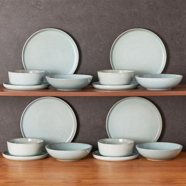 16-Piece Mint Green Stoneware Dinnerware Set Service for 4-Bowl and Plate Dining Set Double-sided Kiln-changed Tableware