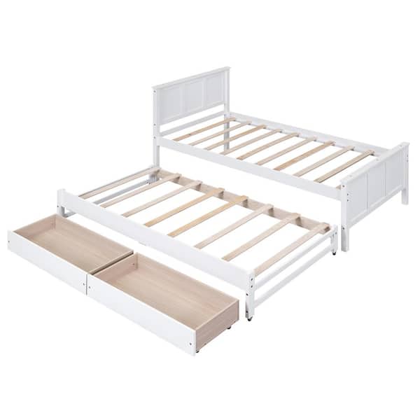 White Wood Frame Twin Size Platform Bed with Trundle and 2 Drawers