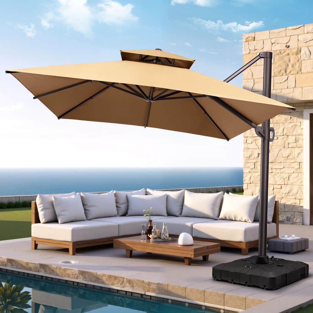 commercial patio umbrella base Grand 10x10 FT Large Patio with Base, Double-Sided Outdoor Cantilever Aluminum Umbrella, Offset Umbrella with Cover for Use, Poolside, Deck, Backyard, Black : Patio, Lawn & Garden Best Choice Products 10ft 360-Degree Solar LED Lit Cantilever Patio Umbrella  Outdoor Hanging Shade- Resort Blue When in doubt Color:RGBY USW US Weight 26