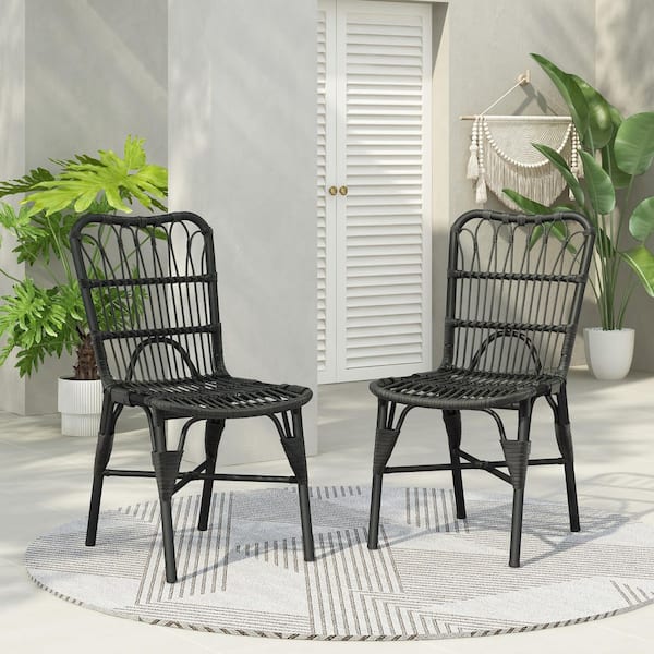 CHRISTOPHER KNIGHT HOME Lucien Outdoor Patio PE Rattan and Metal Frame Dining Chairs, Black Plus Grey, Set of 2