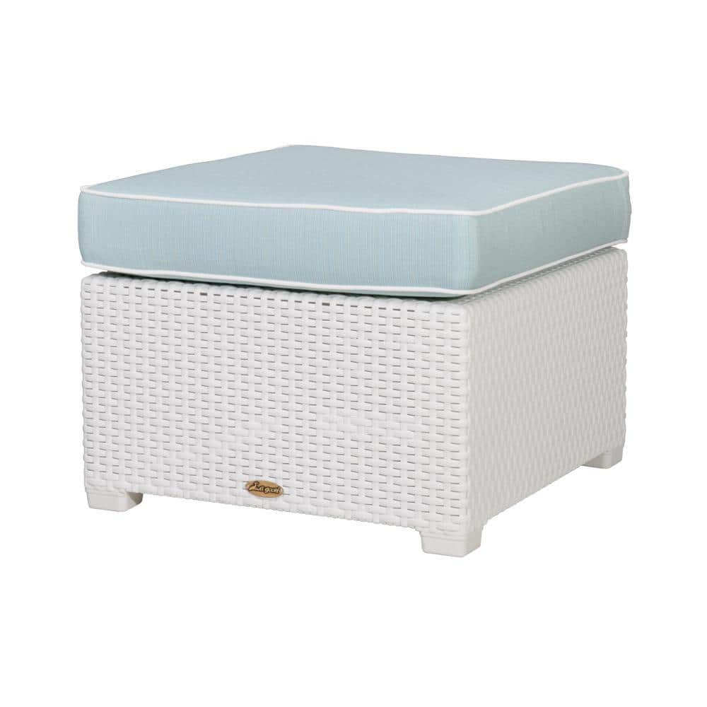 Lagoon Magnolia White Rattan Outdoor Ottoman with a Blue Cushion