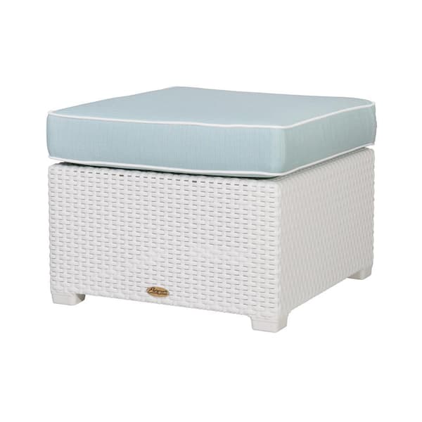 Magnolia White Rattan Outdoor Ottoman with a Blue Cushion