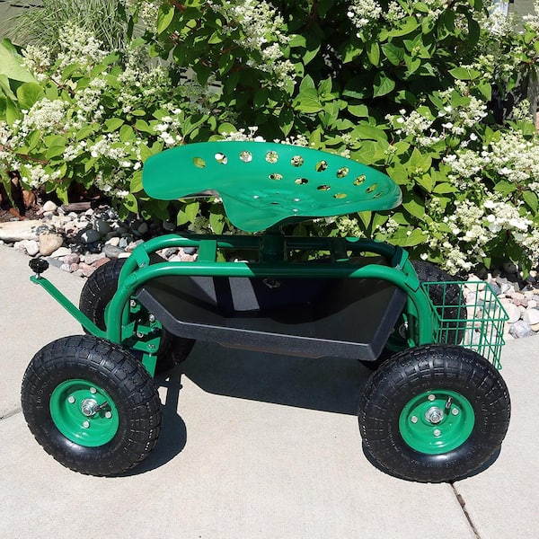 Green Rolling Garden Scooter Seat with Underneath Tool Storage Tray 
