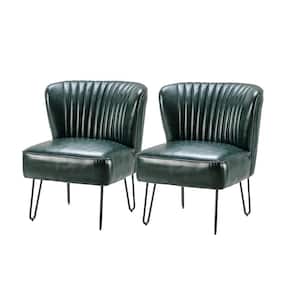 Christiano Modern Green Faux Leather Comfy Armless Side Chair with Thick Cushions and Metal Legs Set of 2