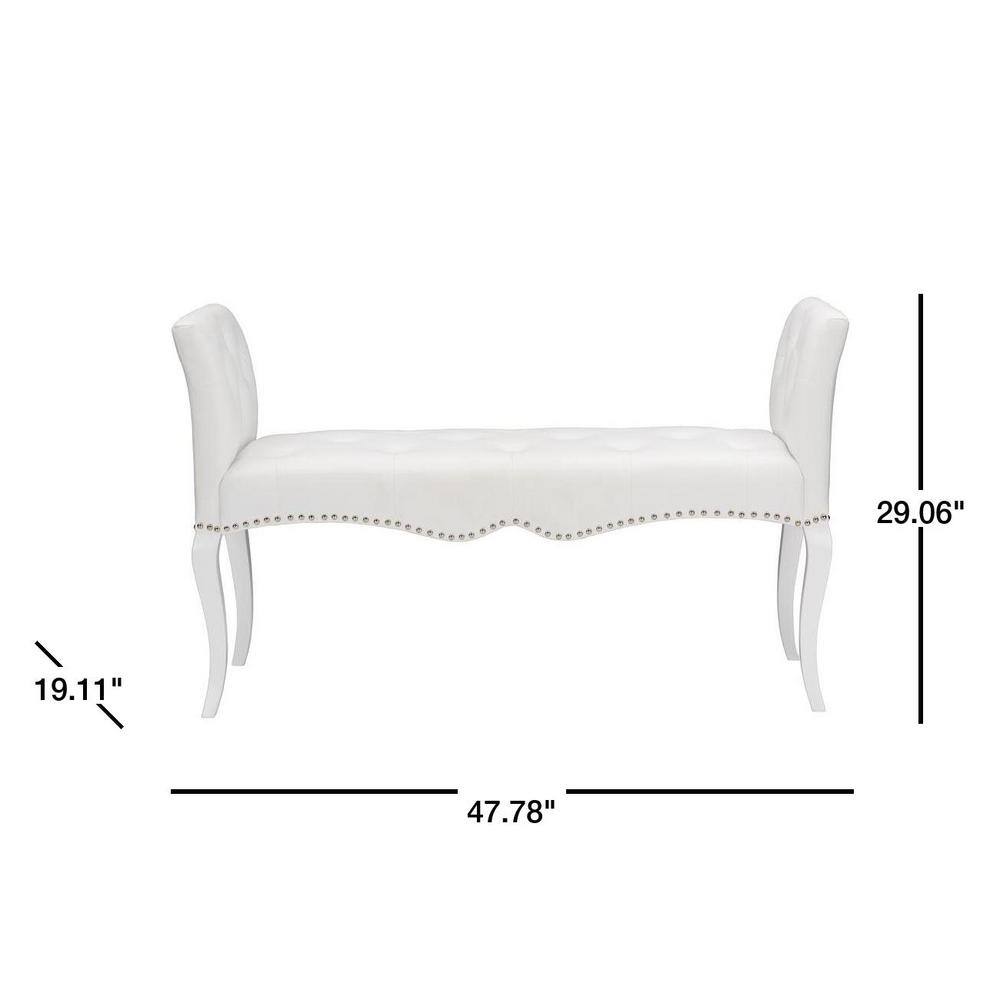Kristy White Faux Leather Bench with Silver Nail Heads