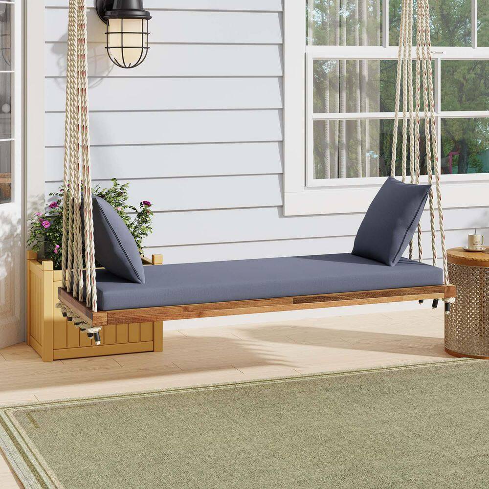 2-Seat Natural Wood Hanging Porch Swing, Patio Wooden Swing Chair with Cushion and Pillows for Garden, Backyard, Balcony