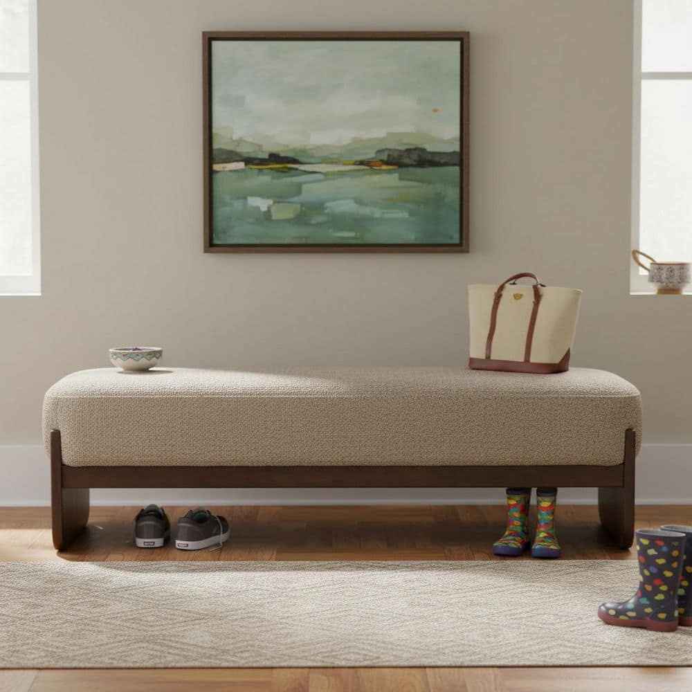 64 in. W Light Brown Loop Yarn Fabric Rectangle Ottoman Entryway Bench Bedroom Bench with Solid Wood Legs