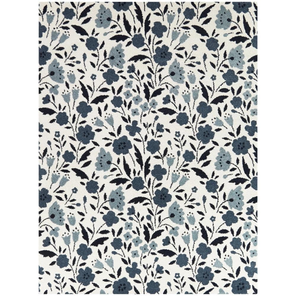 Kelsey Cream and Blue Floral Stain-Resistant Synthetic Area Rug