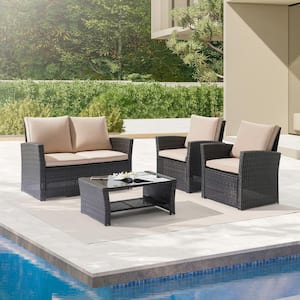 Outdoor Furniture 4-Piece Conversation Set with Coffee Table and Loveseat, brown rattan and sand cushions