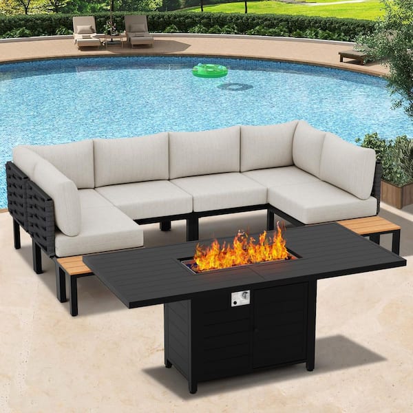 9-Piece Metal Patio Conversation Set w/ Propane Gas Fire Pit Table and 6 in. Gray Cushions, Outdoor Patio Furniture Sets