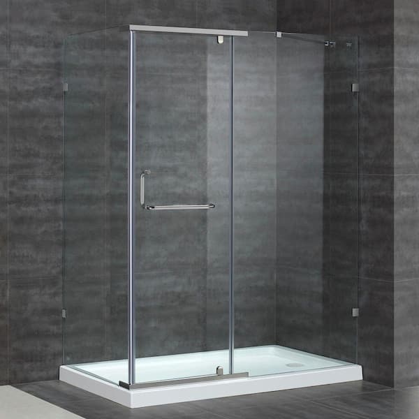 Aston SEN975 60 in. x 35 in. x 77-1/2 in. Semi-Frameless Shower Enclosure in Stainless Steel with Right Base