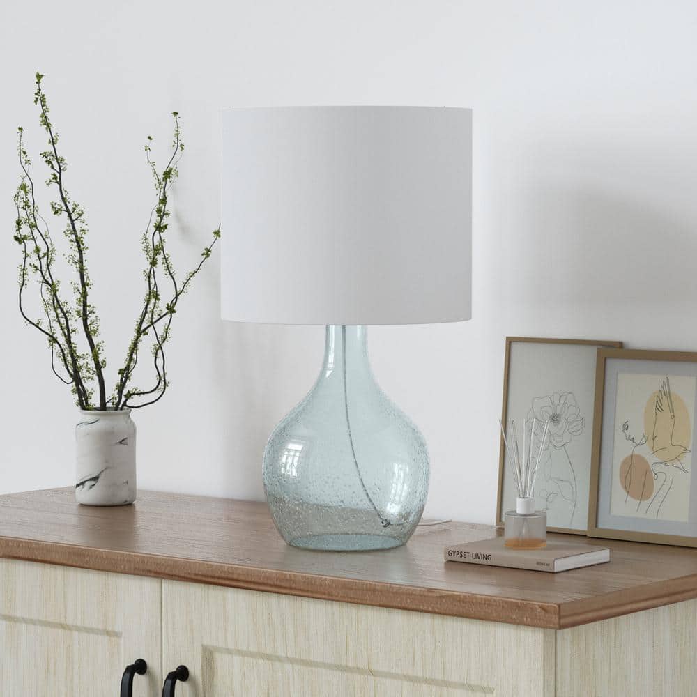 22.38" Blue Bubble Glass Table Lamp with White Shade