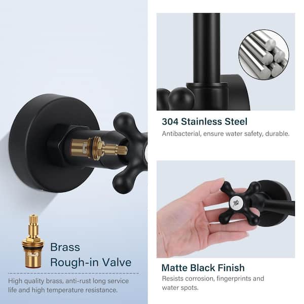 Commercial Double Handle Wall Mount Standard Kitchen Faucet in Matte Black