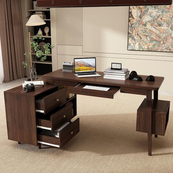 54.3 in. Reversible L-Shaped Brown Wood Writing Desk Office Workstatio