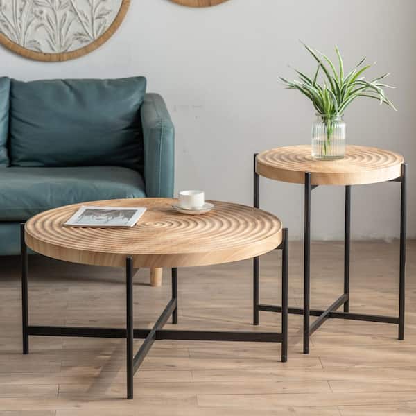 Round wood coffee table deals with metal legs