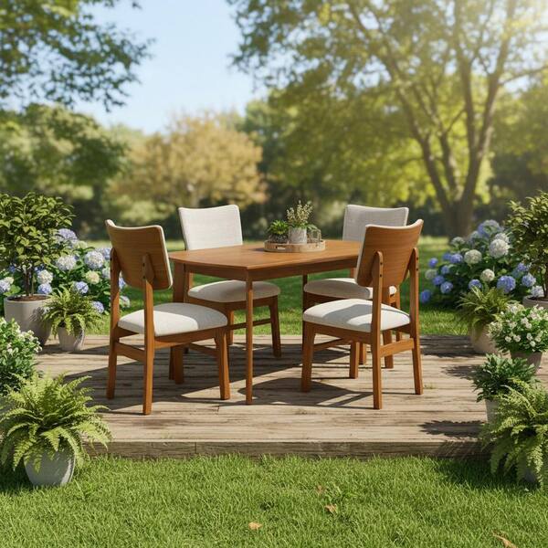 5-Piece Brown Wood Outdoor Dining Set with Beige Cushions Space-Saving Dinette Set