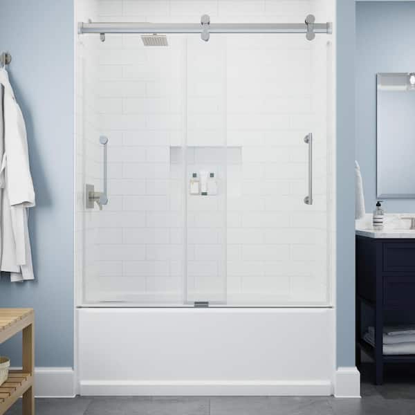 Delta Paxos 51-1/2 to 60 in. W x 62- H Frameless Sliding Bathtub Door in Satin Chrome with 5/16 in. Clear Glass