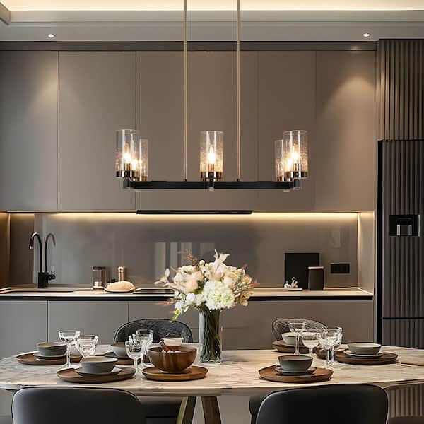 27 in. 6-Light Modern Black Chandelier, Farmhouse Chandelier with Seeded Glass Shade for Dining Room,Brass Pendant Light