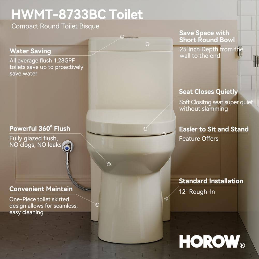 Compact Bisque One-Piece Dual Flush Toilet with Soft Close Seat
