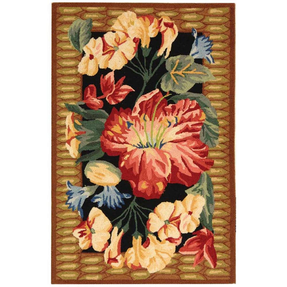 Handmade Black Floral Wool Rectangular Area Rug