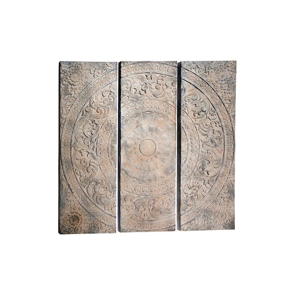 Litton Lane 47 in. x 16 in. Each Large Stone Gray Decorative Carved Wood Wall Decor Panels with Radial Acanthus Carvings (Set of 3)