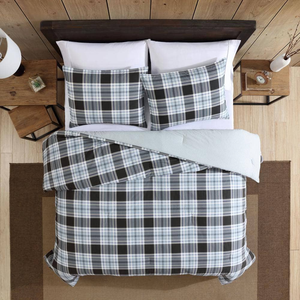Twin Navy Plaid Cotton Duvet Cover Set with Sham