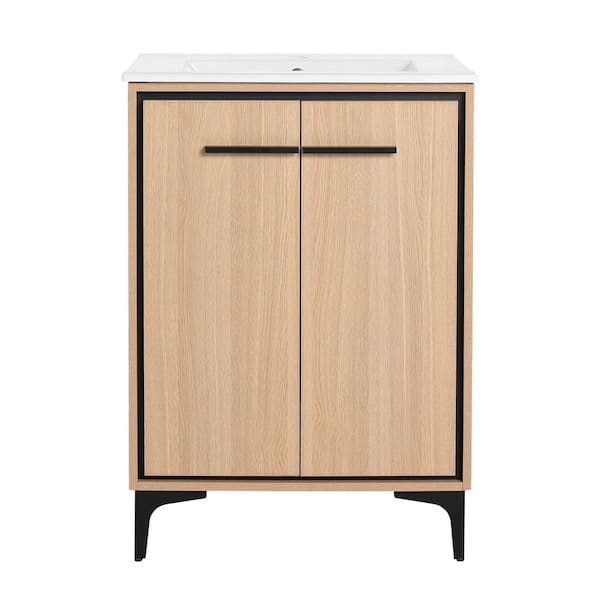 24.02 in. W x 18.31 in. D x 33.86 in. H Freestanding Bath Vanity in Light Brown with White Ceramic Vanity Top