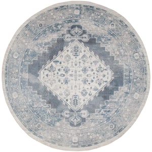 Astra Machine Washable Blue Ivory 8 ft. x 8 ft. Distressed Traditional Round Area Rug