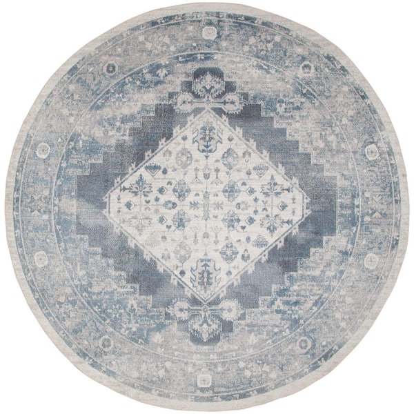 Nourison Astra Machine Washable Blue Ivory 8 ft. x 8 ft. Distressed Traditional Round Area Rug