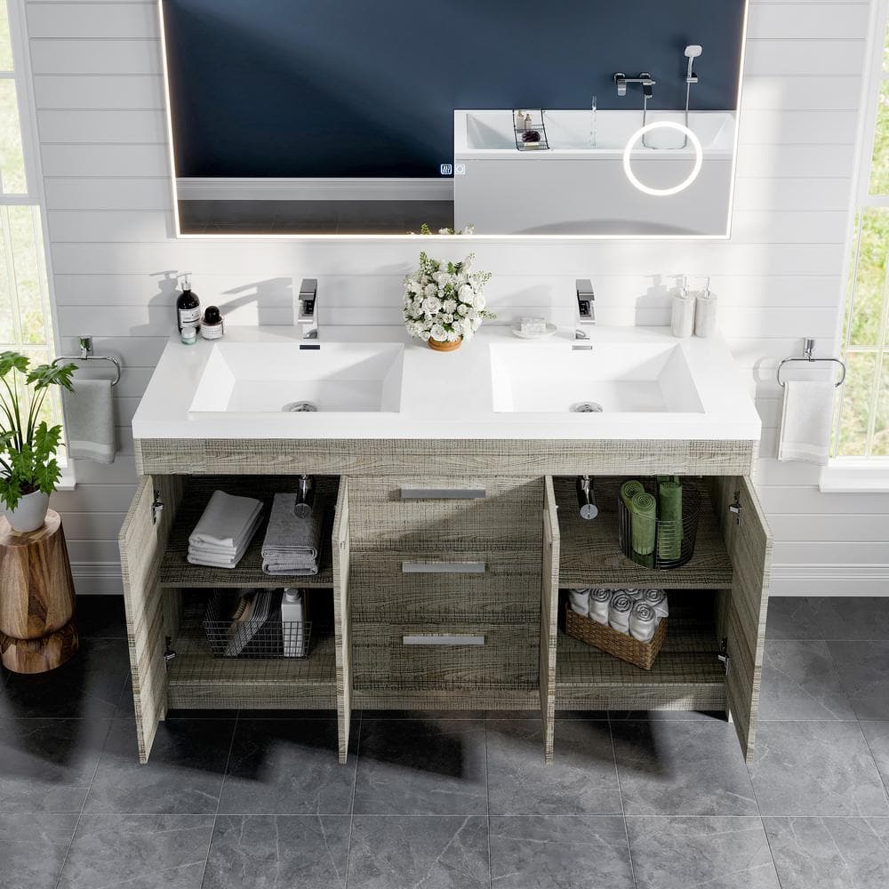 Ash Modern Freestanding Double Bathroom Vanity with White Acrylic Sink
