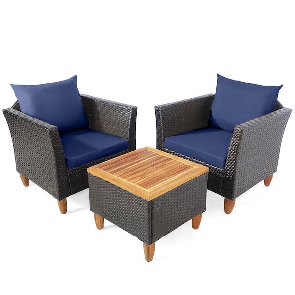 LIVIZA 3-Piece Wicker Patio Conversation Set with Navy Cushions