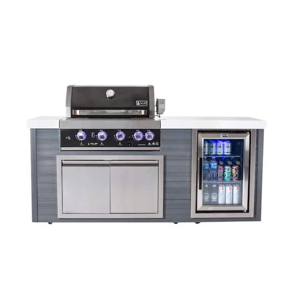 MONT ALPI Artwood Series 4 Burner HDPE Outdoor Kitchen Propane Natural Gas Grill Island Plus Refrigerator in Black Stainless Steel