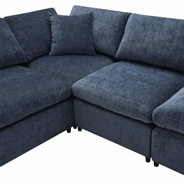 130 in. Square Arm Chenille Rectangle Sectionals Sofa in Dark Blue