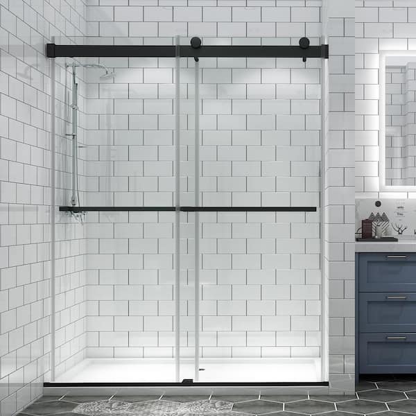 TOOLKISS 56 in. x 60 in. W x 74 in. H Sliding Frameless Shower Door in Matte Black with Clear Glass