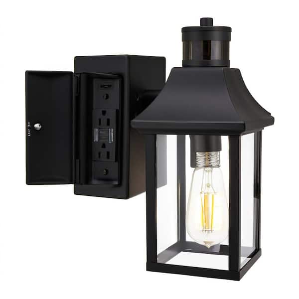 YANSUN 1-Light Black Dusk to Dawn Motion Sensor Outdoor Wall Lantern Sconce with Clear Glass and Built-In GFCI and USB Outlet