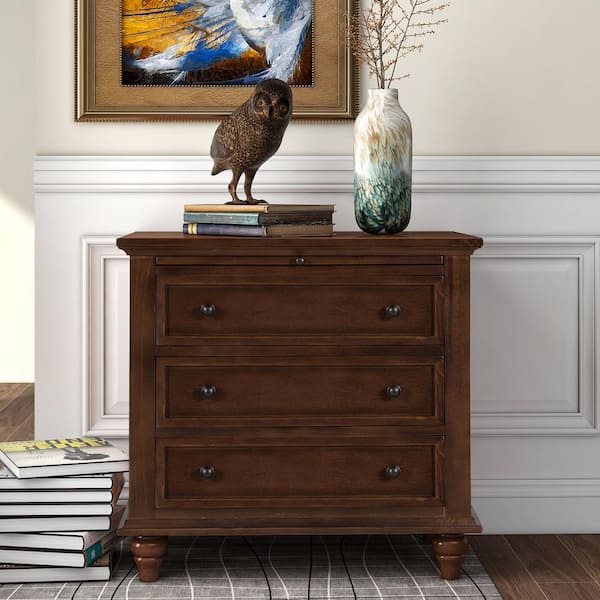 Harper & Bright Designs Brown Classic 3-Drawer 28 in. W Nightstand with Pull Out Tray