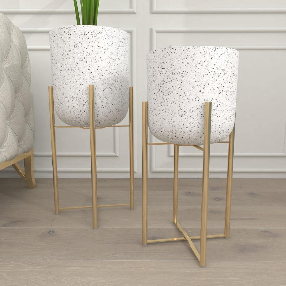 White Speckled Metal Planters with Gold Stands, Set of 2
