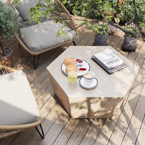 PATIOGUARDER 41 in. Indoor and Outdoor Patio Mgo Concrete Coffee Table in a Terrazzo Beige Hexagon Design