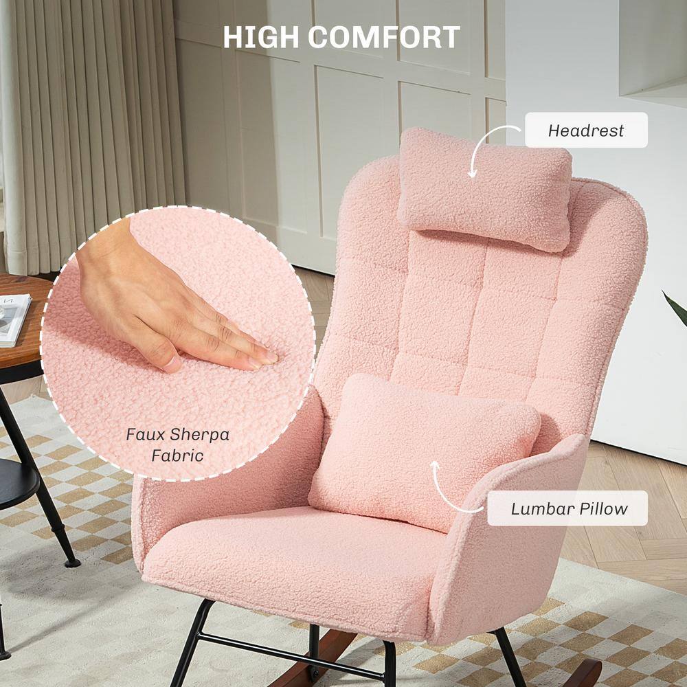 Pink Upholstered High-Back Rocking Chair with Steel Frame and Beech Wood Base