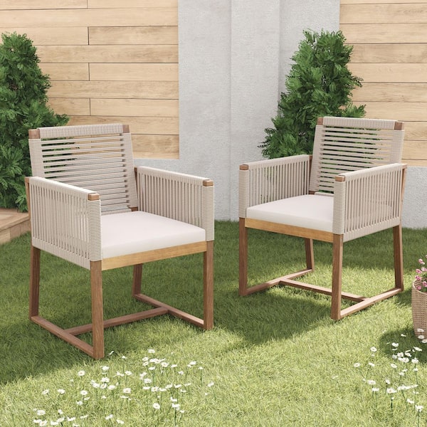 Light Brown Acacia Wood Outdoor Patio Dining Chairs with White Cushions (2-Pack)