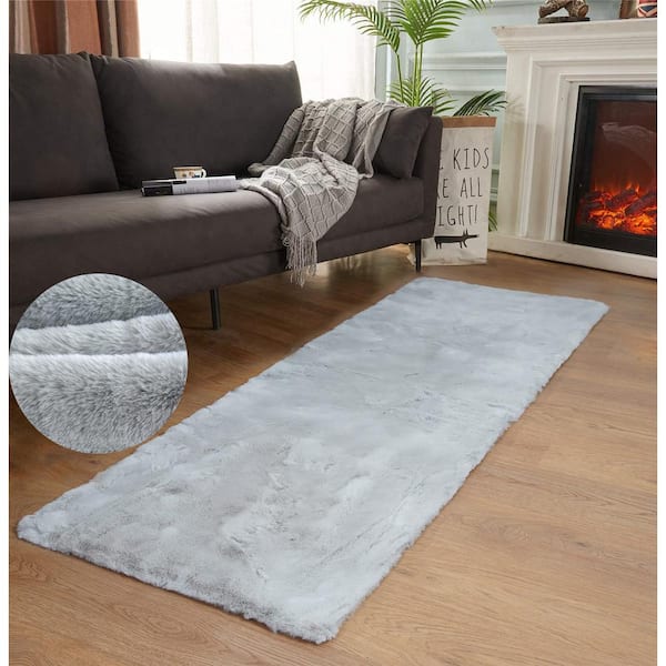 Mmlior Light Gray 2 ft. x 6 ft. Soft Faux Rabbit Fur Runner Rug