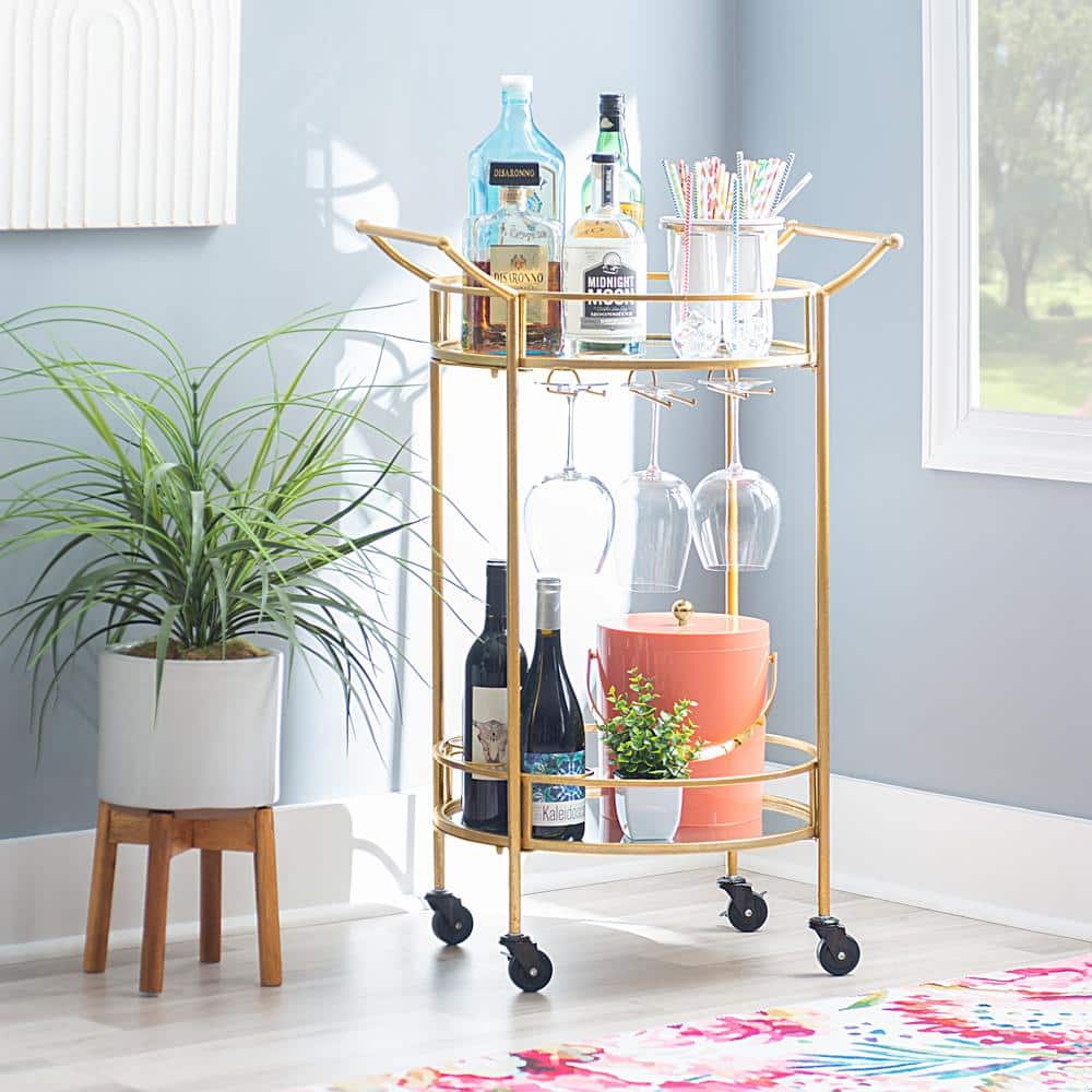 Transitional Round Gold Metal Bar Cart with Mirrored Shelves and Wine Storage